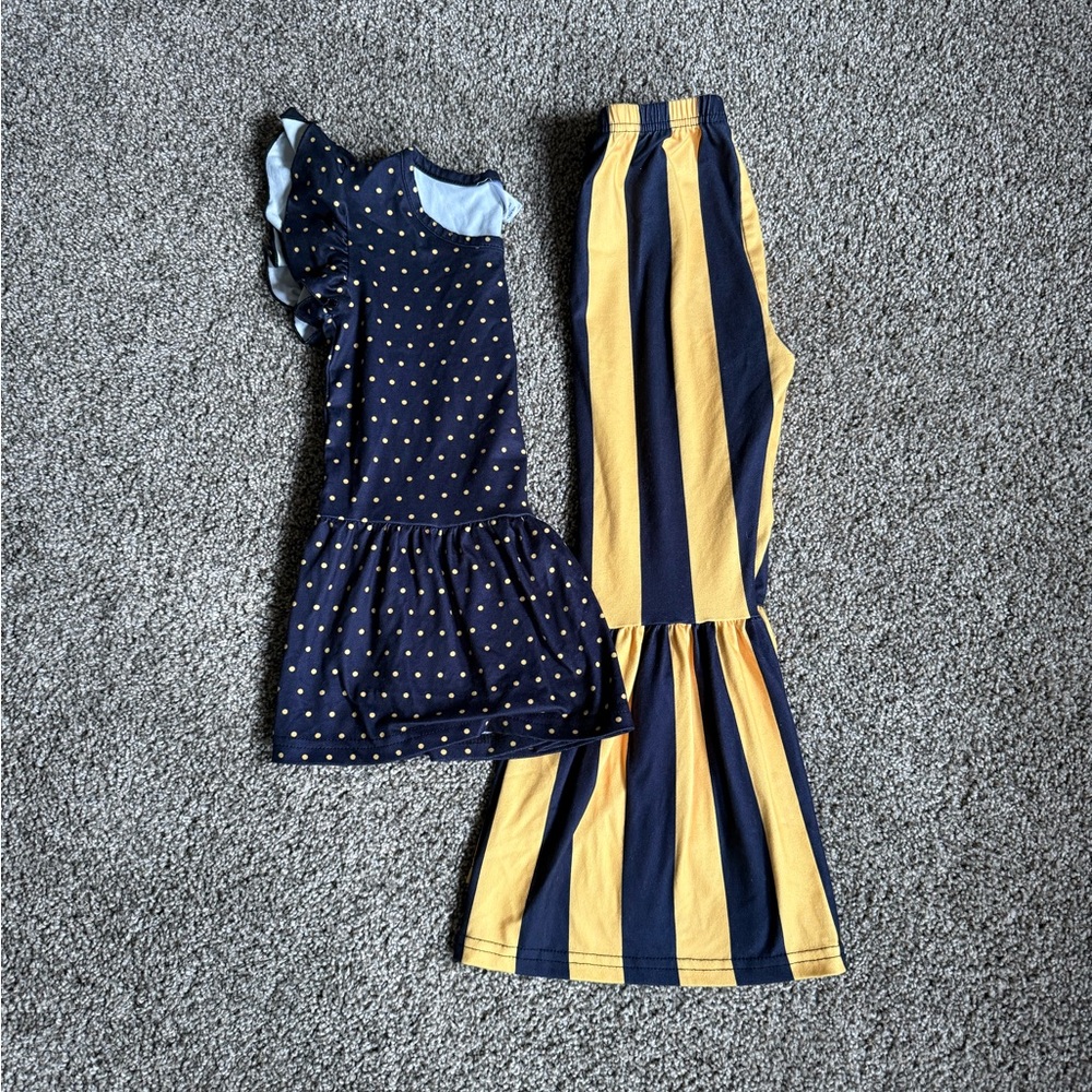 Girls Navy & Yellow Polka Dot Ruffle Top with Striped Flare Pants